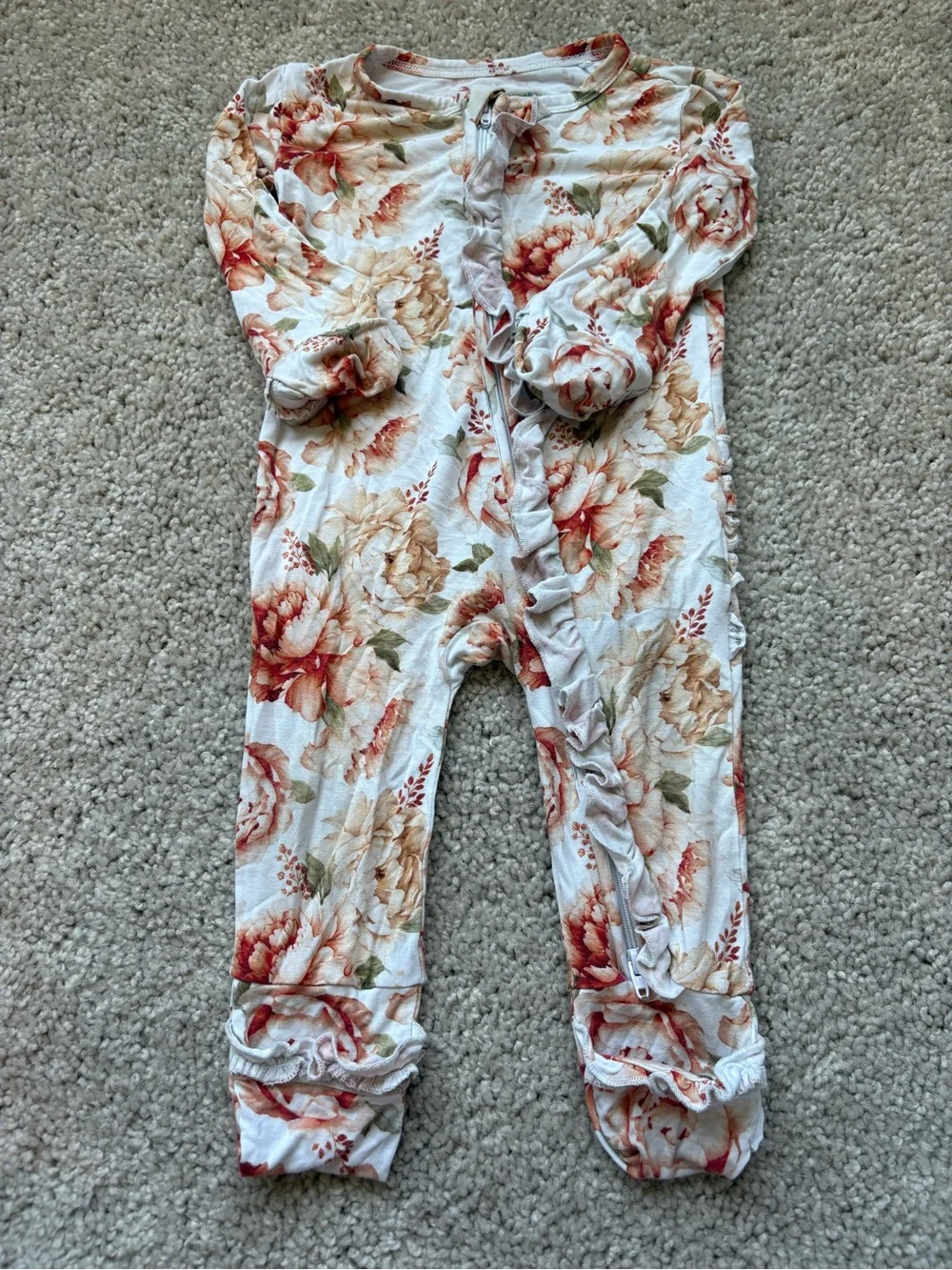 Gigi & Max Floral Ruffle Footed One-Piece - Cream with Rust & Tan Floral